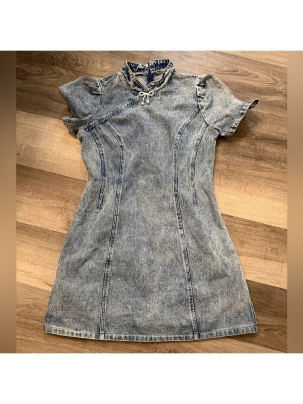 Denim Mini Dress with Puff Sleeves And Pearl Bow